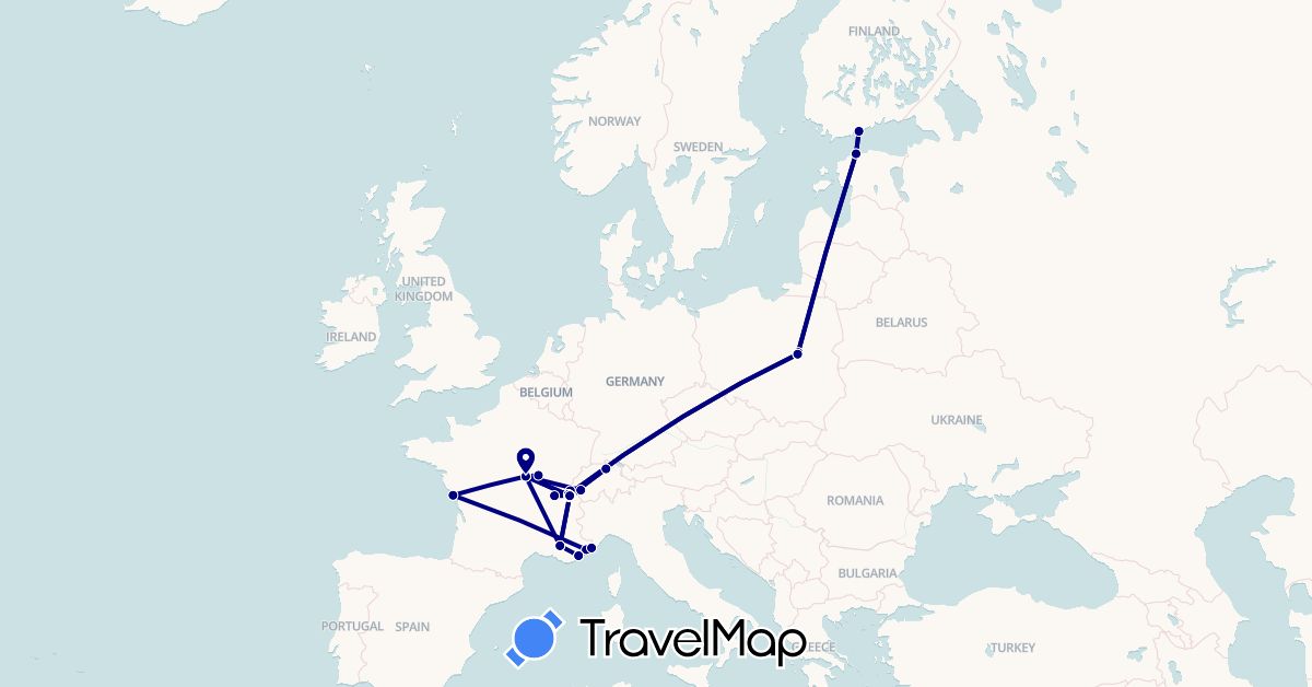 TravelMap itinerary: driving in Switzerland, Estonia, Finland, France, Italy, Poland (Europe)